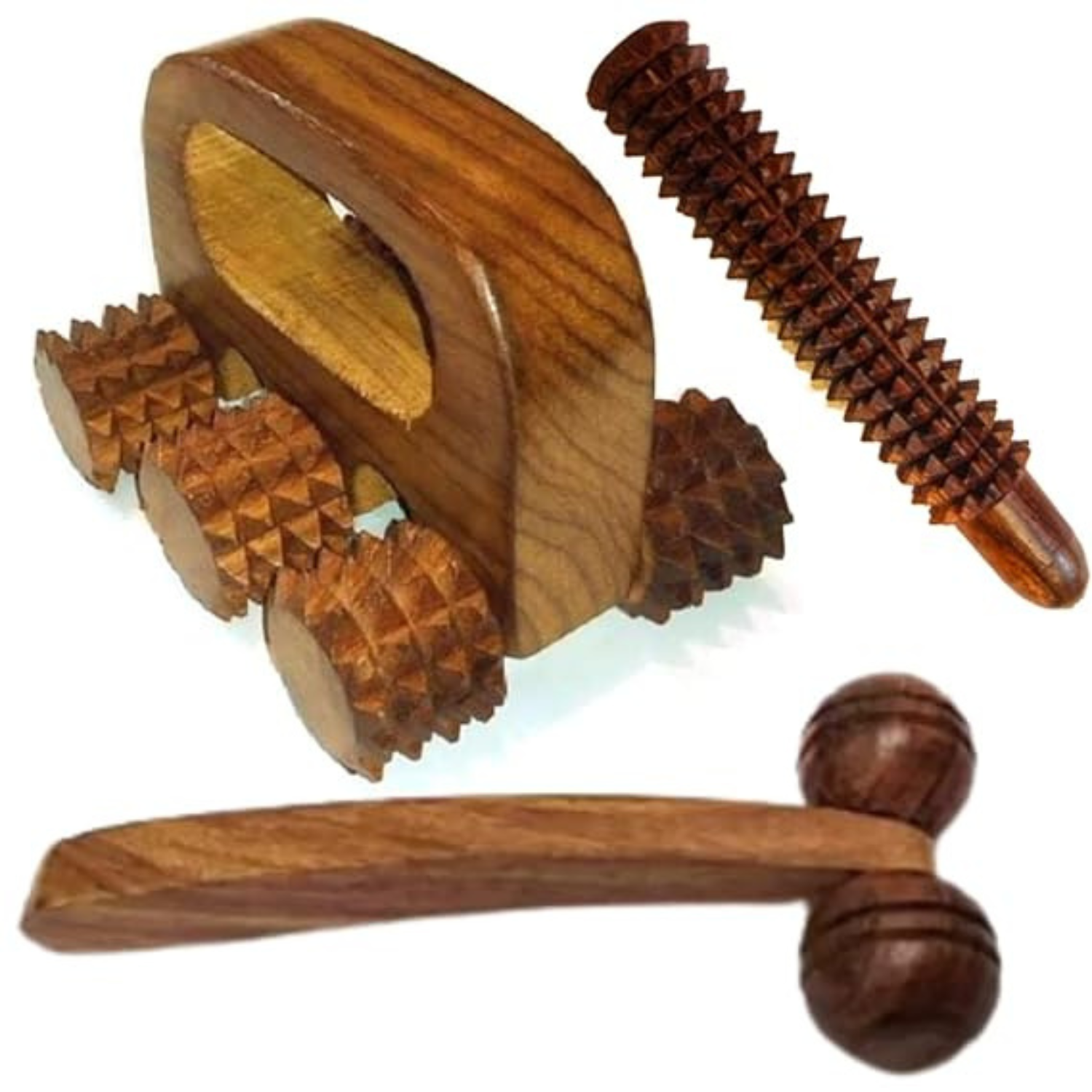 1 Wooden Manual Acupressure Back Massager, For Pain Relief Massager, Multi-Purpose Body Massager Of 6 Roller In Pure Shisham Wood (Size 5 Inch X 4 Inch) - Image 1