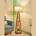 Wooden Floor Lamp with Shelf – Small Flower Design Standing Lamp with LED Bulb Included, 3-Tier Storage Display – Floral Decor Floor Light for Bedroom, Living Room, Pooja Room