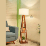 Wooden Floor Lamp with Shelf (Cotton White). LED Bulb Included.