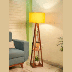 Wooden Floor Lamp with Shelf – Fresh Yellow Design | Modern Standing Lamp with LED Bulb | Tall Corner Shelf Lamp for Living Room, Bedroom, Office, Reading Nook