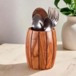 Wooden Barrel Shaped Cutlery Holder/Spoon Holder/Utensils Jar Brown (Pack of 2)