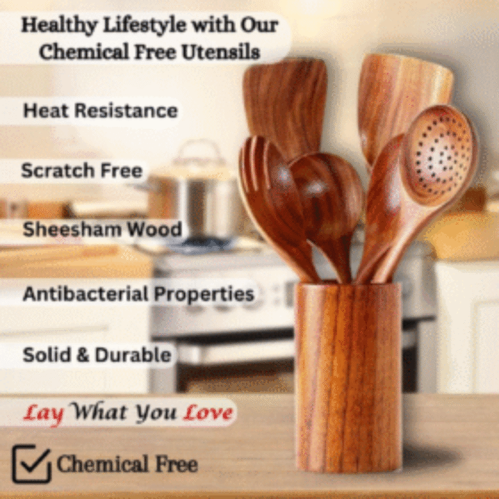Natural Handmade Wooden Spoon Set for Cooking, Serving & Kitchen Utensils - Spatula, Non-Stick Spoons | Set of 6 & 1 Jar - 30.48 Cm - Image 2