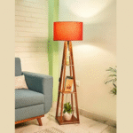 Wooden Floor Lamp with Shelf (Lily Red). LED Bulb Included- Diwali Decoration Items