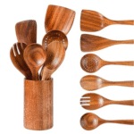 Natural Handmade Wooden Spoon Set for Cooking, Serving & Kitchen Utensils - Spatula, Non-Stick Spoons | Set of 6 & 1 Jar - 30.48 Cm