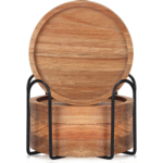 🏷 Title: Premium Wooden Coasters Set with Metal Holder – Round Drink Coasters for Cups, Mugs & Glasses