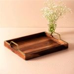 Acacia Wood Serving Tray with Brass-Toned Handles